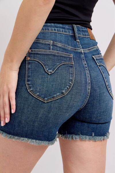 Judy Blue Tummy Control Fray Hem & Shield Back Pockets Denim Shorts - Hovatok