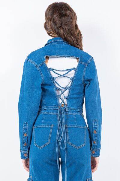 American Bazi Laced Back Cropped Denim Jacket - Hovatok