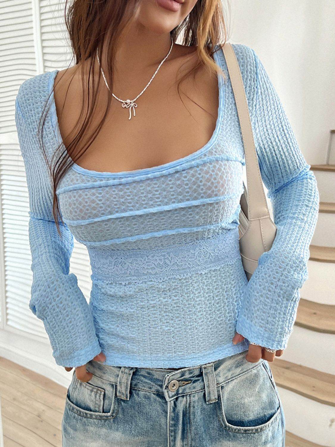 Devine Back Tie Square Neck Long Sleeve Top - Hovatok