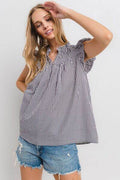 Ces Femme Plaid Notched Ruffled Cap Sleeve Blouse - Hovatok
