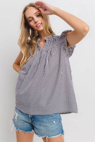Ces Femme Plaid Notched Ruffled Cap Sleeve Blouse - Hovatok
