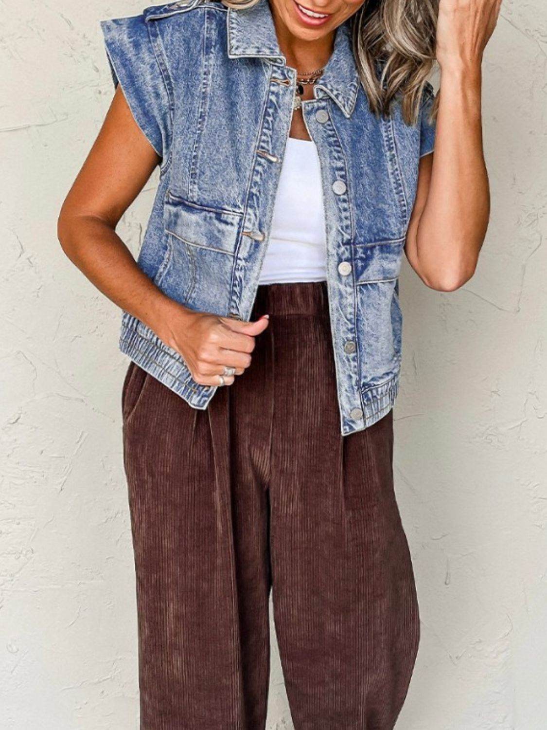 Button Up Cap Sleeve Denim Jacket - Hovatok