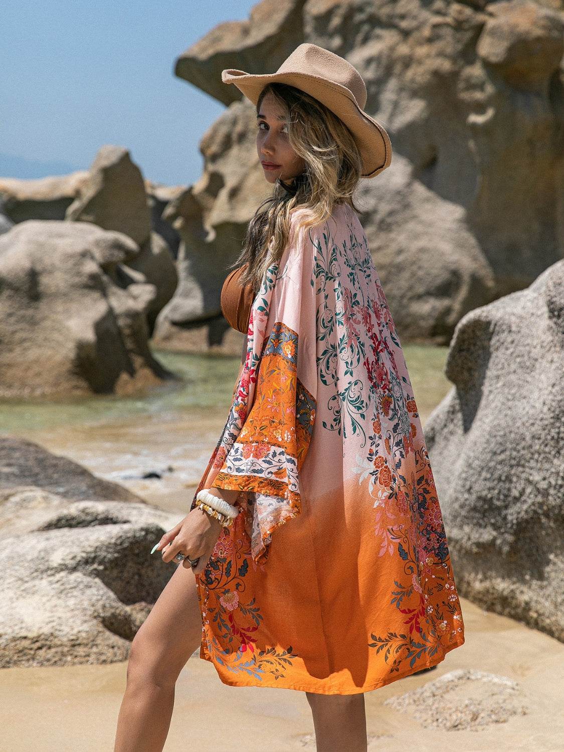 Printed Open Front Long Sleeve Cover-Up - Hovatok