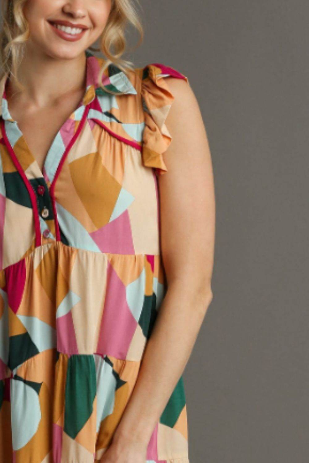 Umgee Full Size Button Detail Ruffle Sleeve Mini Dress Plus Size - Hovatok