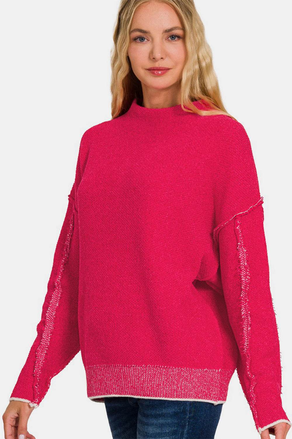 Zenana Exposed Seam Mock Neck Long Sleeve Sweater - Hovatok