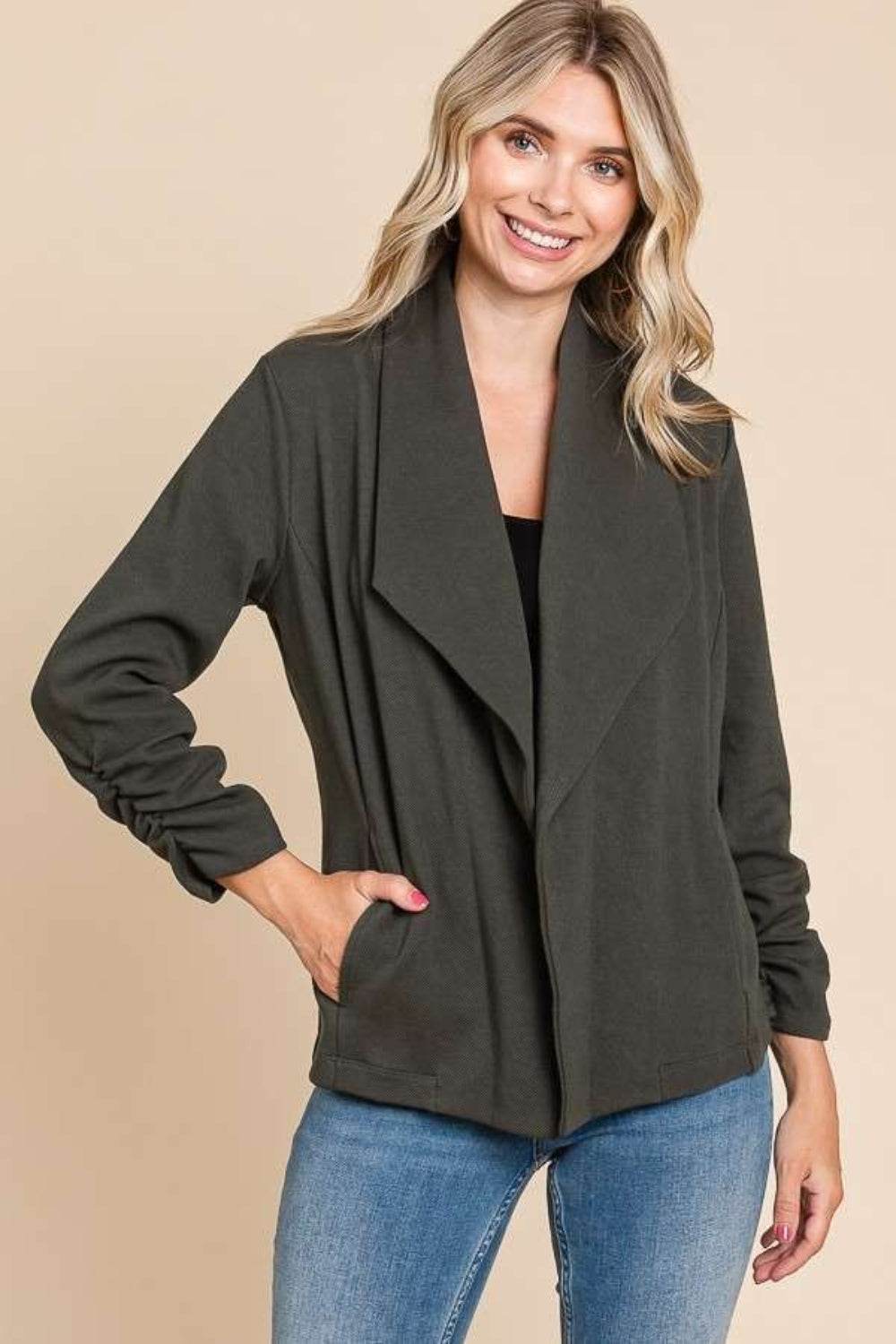 Culture Code Full Size Ruched Open Front Long Sleeve Jacket - Hovatok