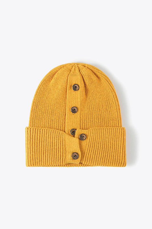 Button Detail Rib-Knit Cuff Beanie - Hovatok
