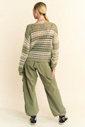 Davi & Dani Contrast Striped Crochet Drop Shoulder Knit Cover Up - Hovatok
