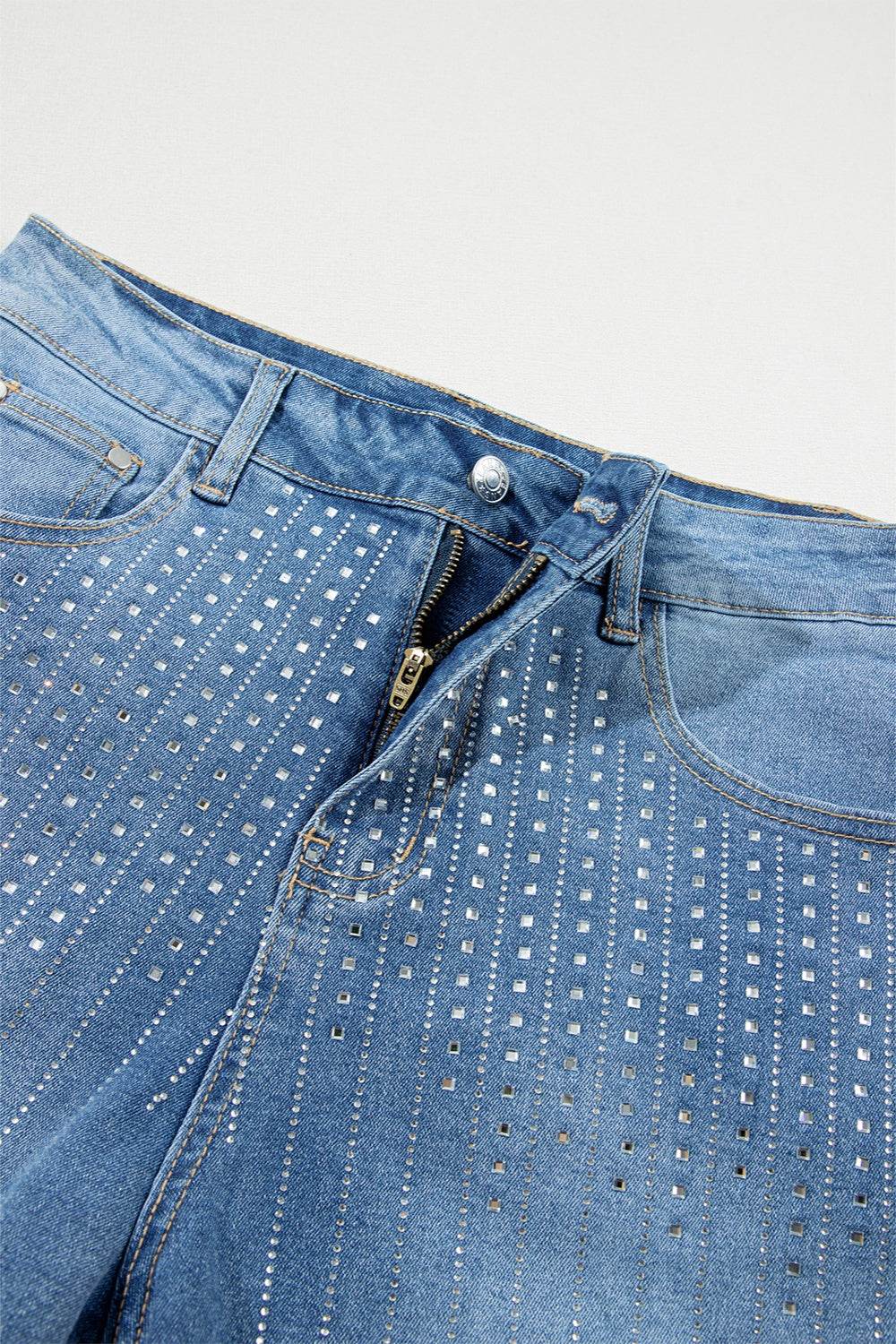 Rhinestone High Waist Denim Shorts - Hovatok