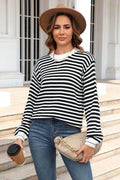 Angel Wings Striped Round Neck Dropped Shoulder Sweater - Hovatok
