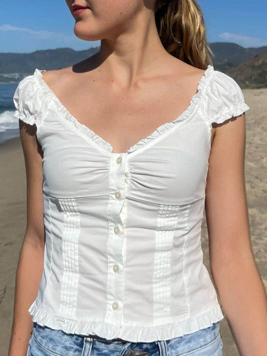 Devine Frill V-Neck Cap Sleeve Top - Hovatok