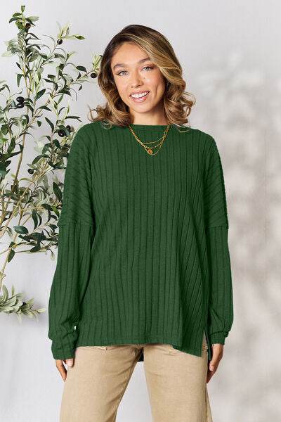 Basic Bae Full Size Ribbed Round Neck Slit Knit Top - Hovatok