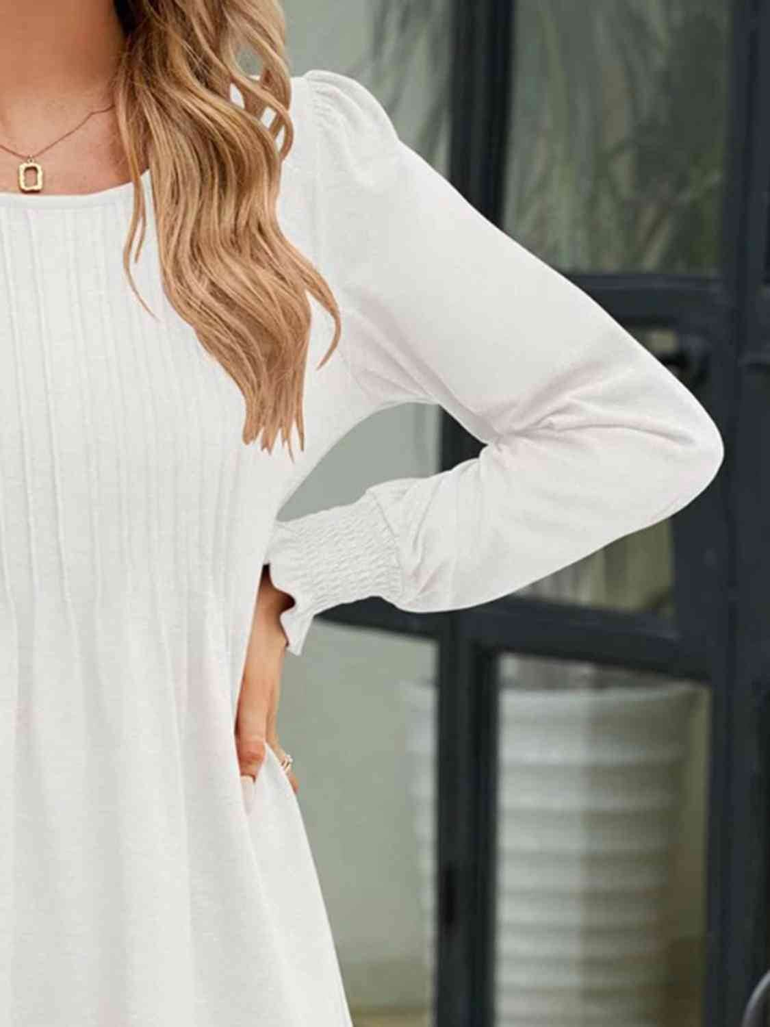 Smocked Round Neck Lantern Sleeve Blouse - Hovatok