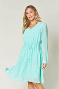 Double Take Full Size Printed Ruched V-Neck Long Sleeve Dress - Hovatok