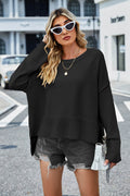 High-Low Slit Round Neck Long Sleeve Sweater - Hovatok