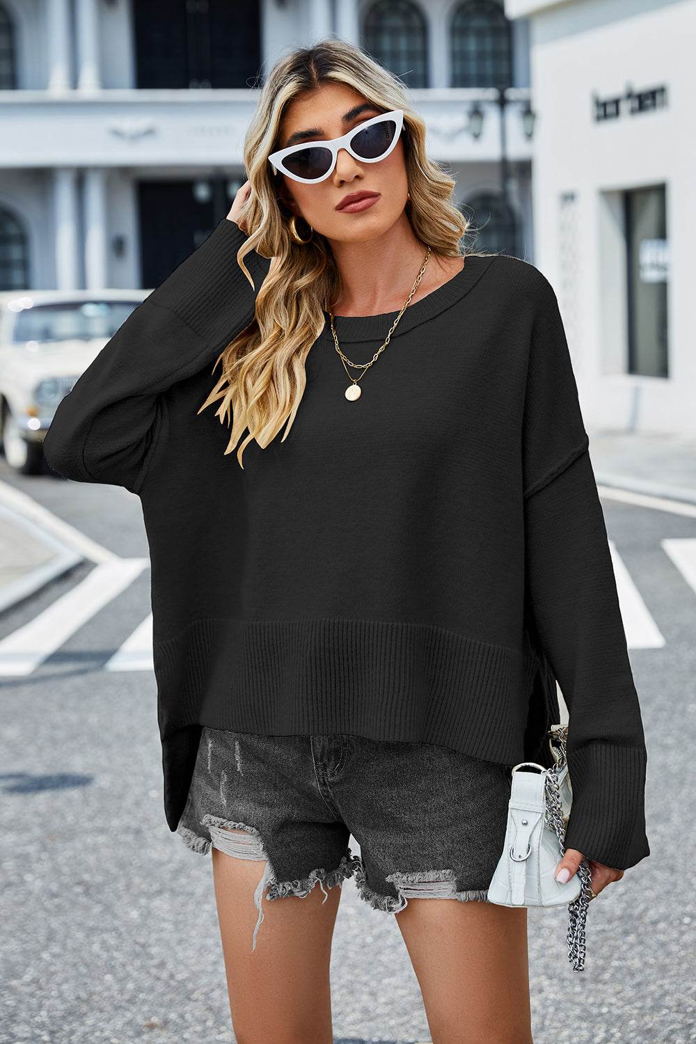 High-Low Slit Round Neck Long Sleeve Sweater - Hovatok