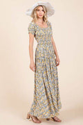 Mittoshop Flower Print Puff Sleeve Gathered Maxi Dress - Hovatok