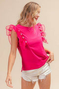 BiBi Pearl Decor Mesh Ruffle Sleeve Top - Hovatok
