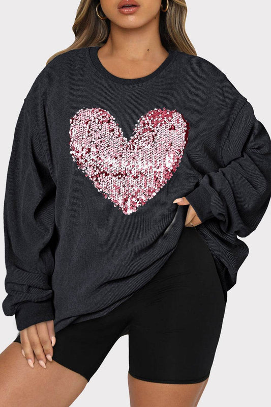 Plus Size Heart Sequin Round Neck Sweatshirt - Hovatok