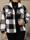 Plus Size Pocketed Plaid Collared Neck Jacket - Hovatok