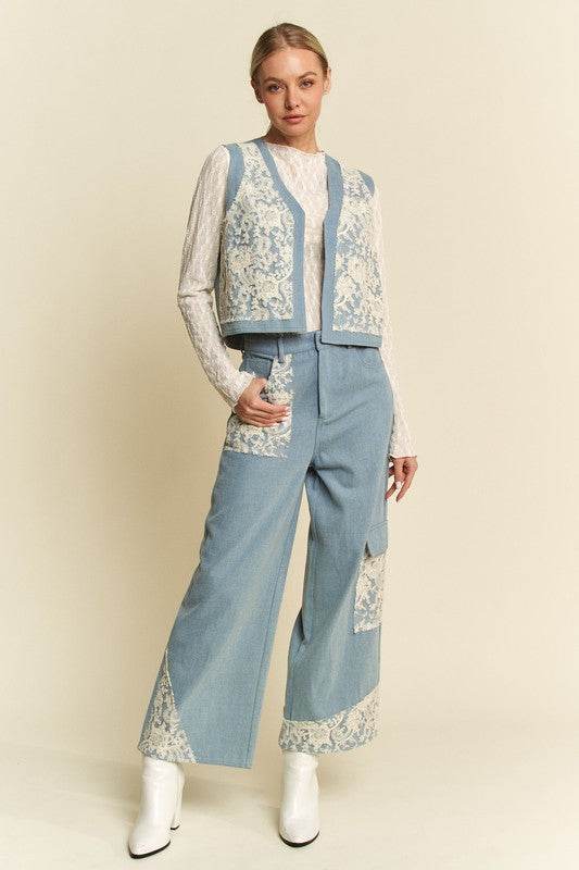 Davi & Dani Lace Patch Open Front Denim Vest - Hovatok