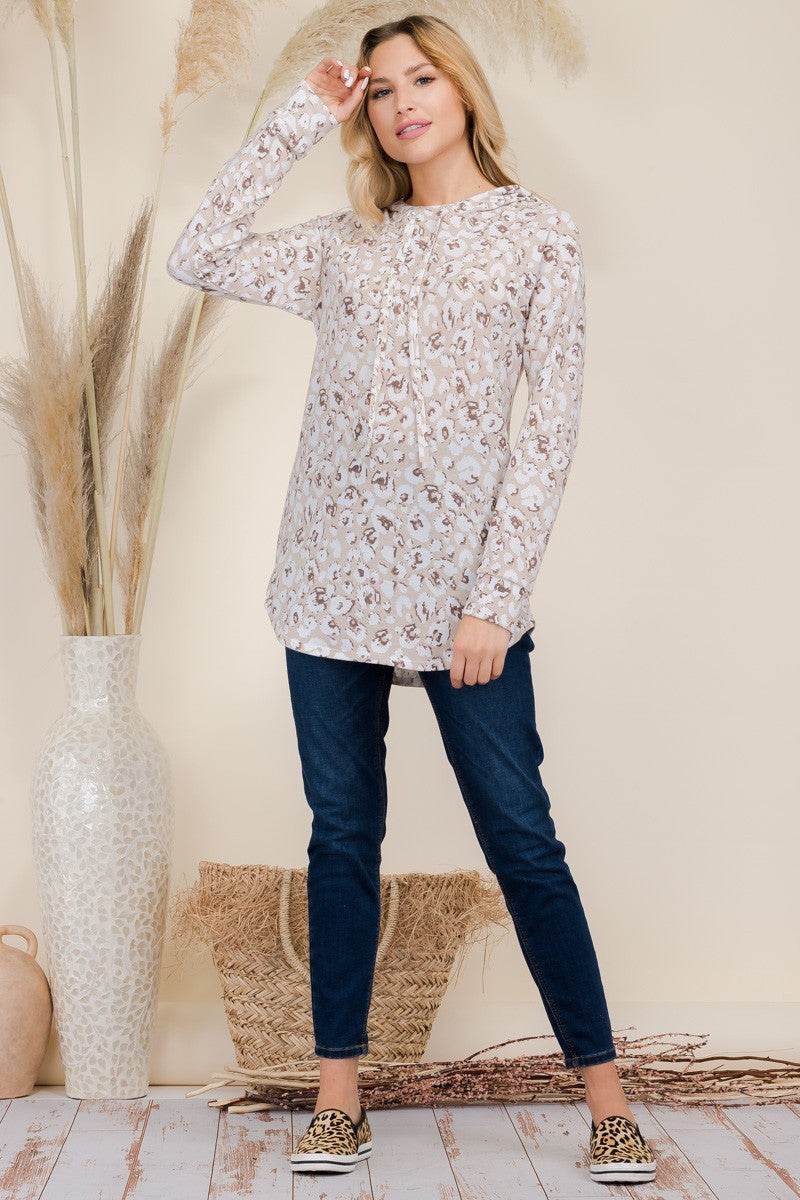 Celeste Full Size Drawstring Leopard Long Sleeve Hooded Blouse - Hovatok