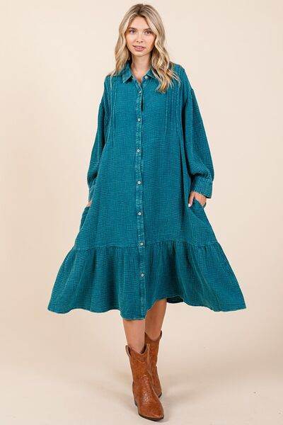 Mittoshop Mineral Wash Cotton Gauze Ruffle Midi Shirt Dress - Hovatok