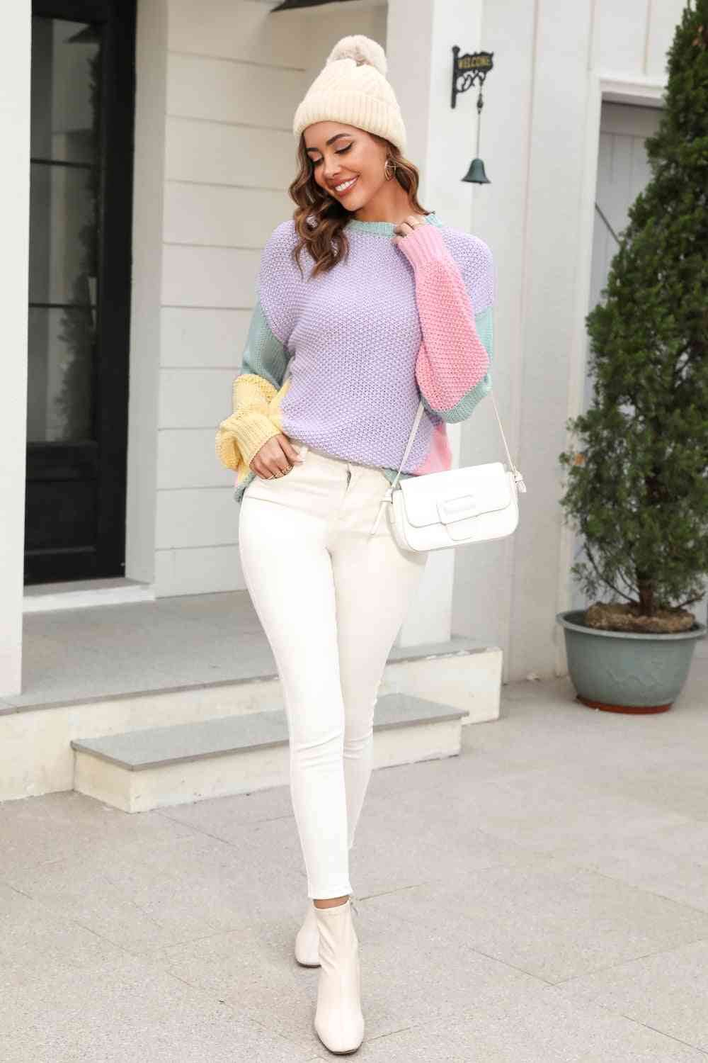 Angel Wings Color Block Round Neck Drop Shoulder Sweater - Hovatok