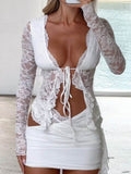 Devine Tied Front Ruffled Long Sleeve Lace Shirt - Hovatok