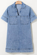 Short Sleeve Collared Patched Pocket Denim Mini Dress - Hovatok
