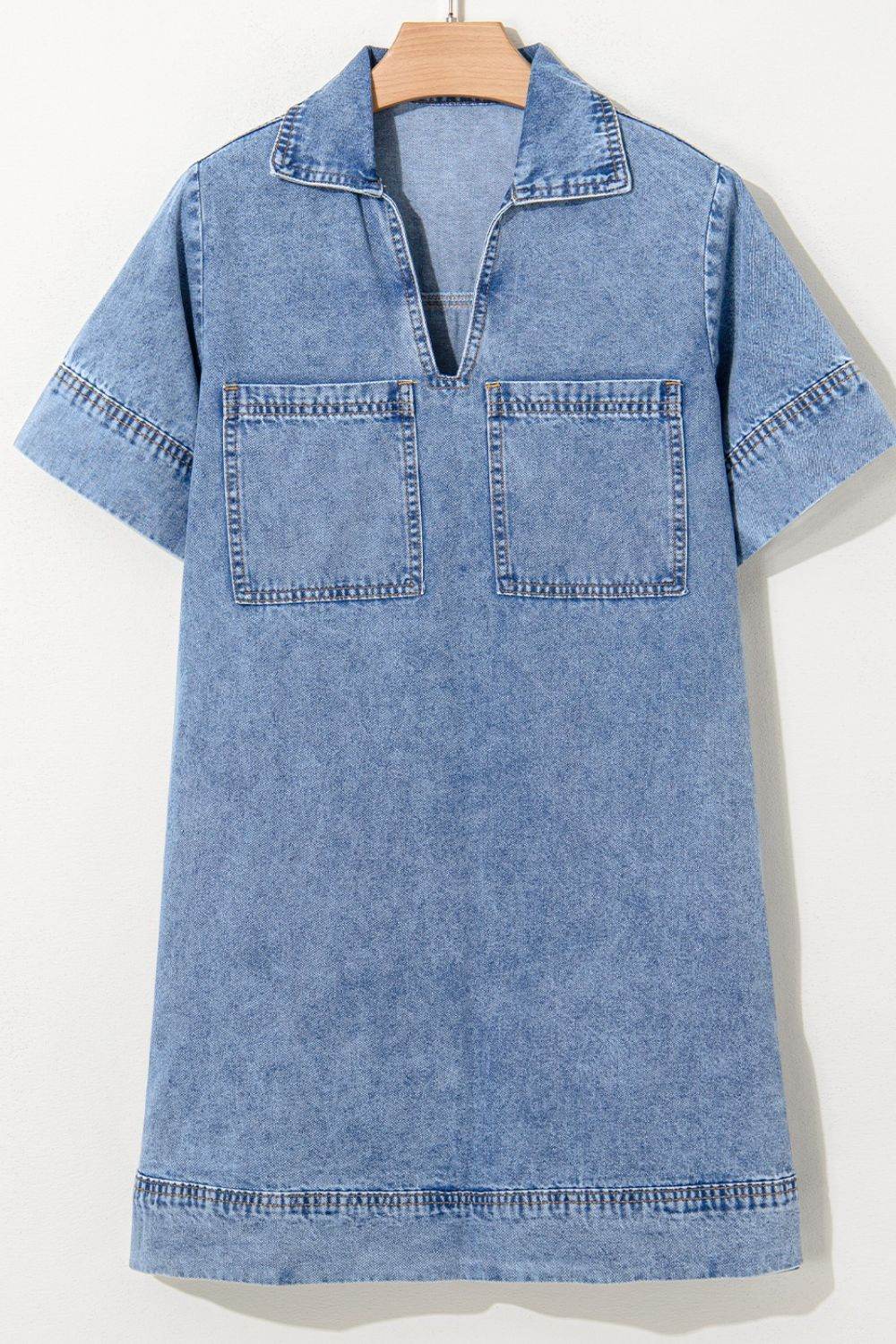 Short Sleeve Collared Patched Pocket Denim Mini Dress - Hovatok