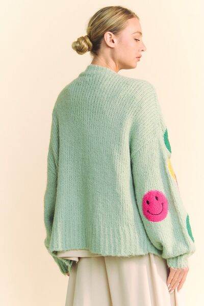 Davi & Dani Fuzzy Smile Open Front Long Sleeve Cardigan - Hovatok