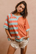 BiBi Striped Round Neck Half Sleeve French Terry Top - Hovatok