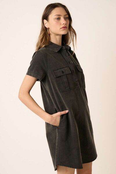 Mittoshop Button Detail Collared Neck Short Sleeve Shirt Dress - Hovatok