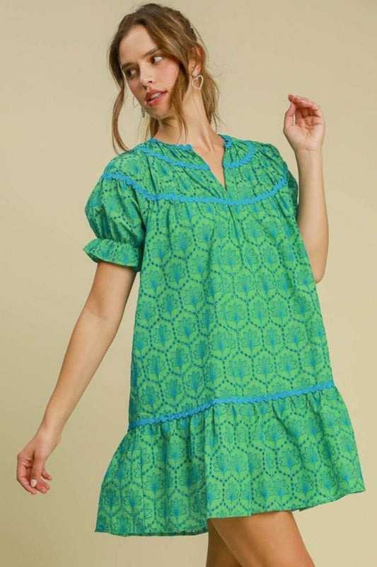 Umgee Full Size Eyelet Mini Dress With Ric Rac Trim Plus Size - Hovatok
