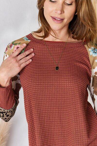 Hailey & Co Full Size Leopard Waffle-Knit Blouse - Hovatok