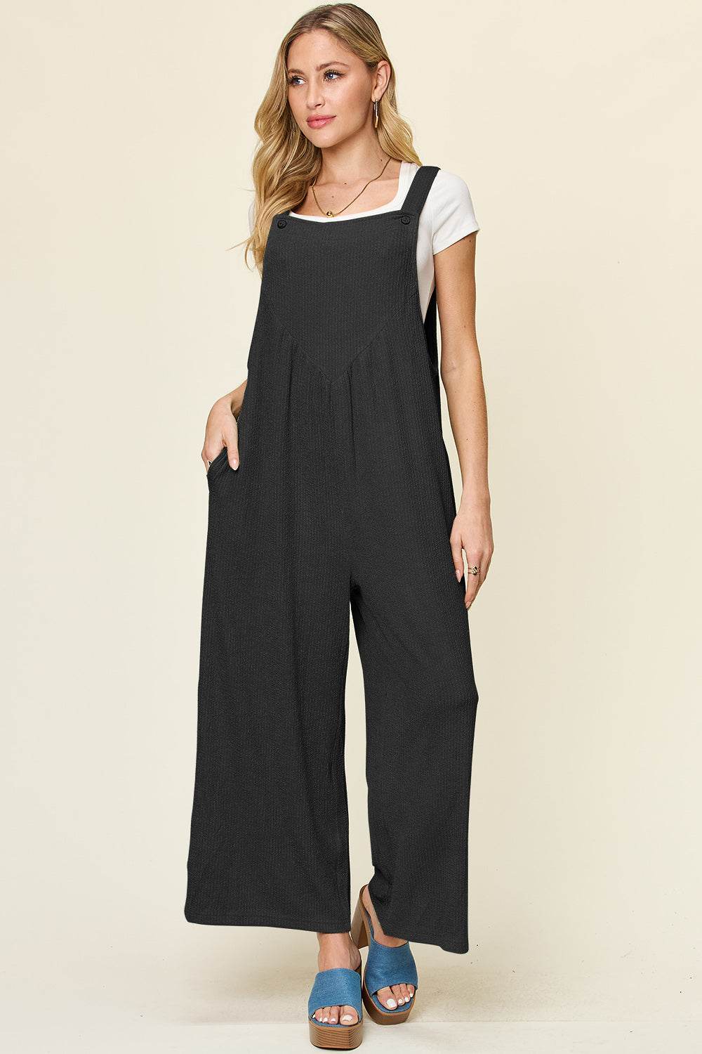 Double Take Full Size Texture Sleeveless Wide Leg Overall - Hovatok