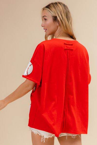 BiBi Sequin Baseball Drop Shoulder Short Sleeve T-Shirt - Hovatok