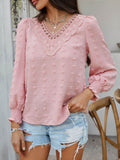 Devine Swiss Dot Lace Detail V-Neck Long Sleeve Blouse - Hovatok