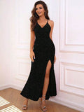 Slit Sequin V-Neck Cami Dress - Hovatok