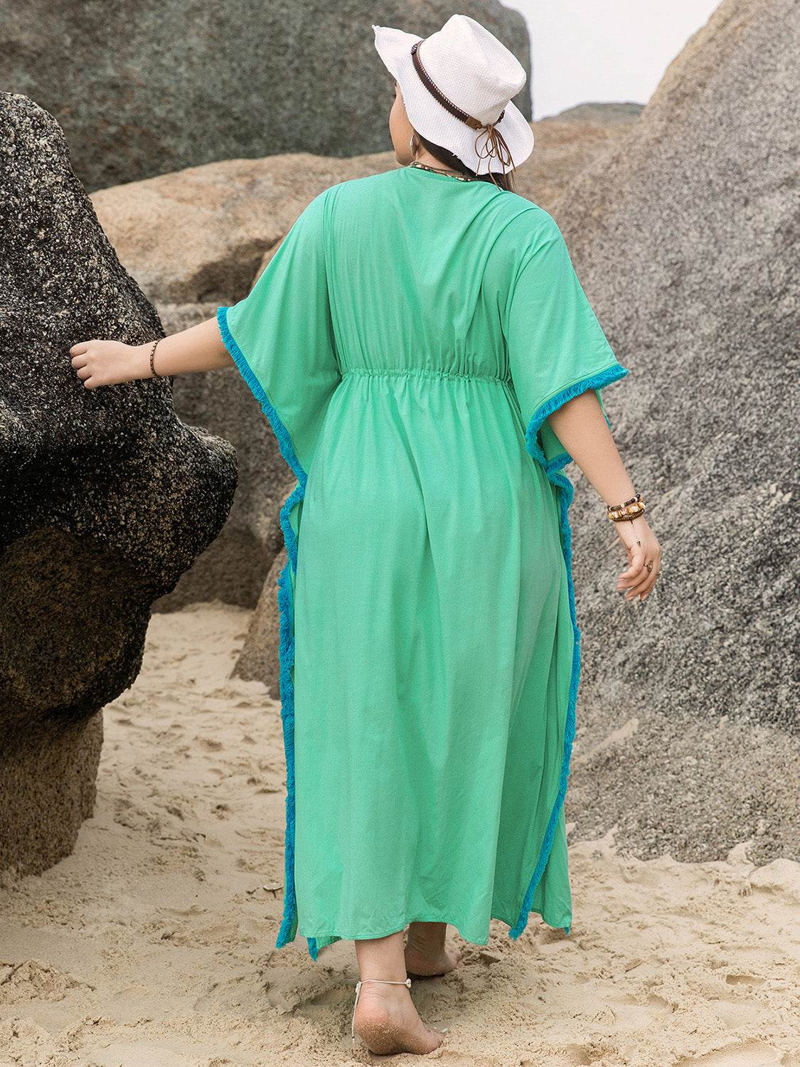 Plus Size Tied Fringe V-Neck Half Sleeve Dress - Hovatok