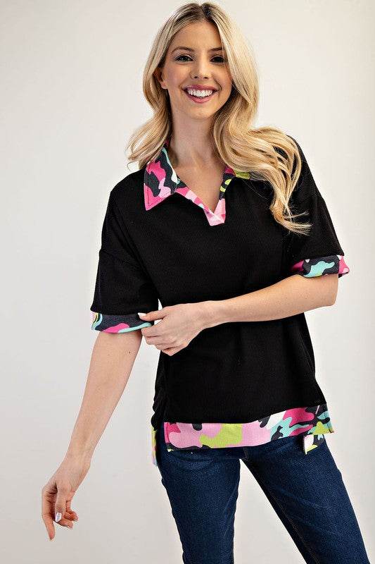 Celeste Full Size Camouflage Trim Waffle Side Slit Top Plus Size - Hovatok