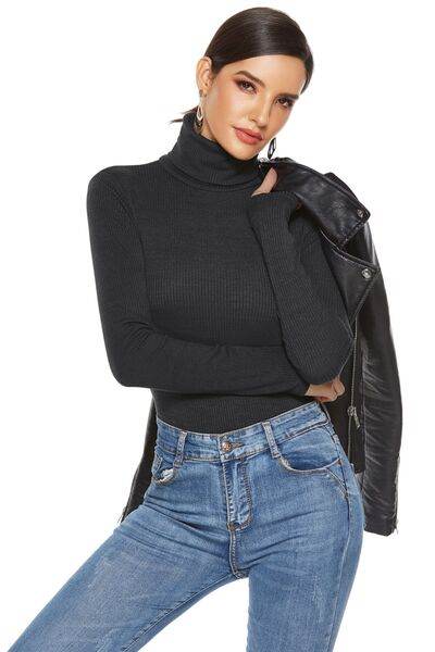 Ribbed Turtleneck Long Sleeve Bodysuit - Hovatok