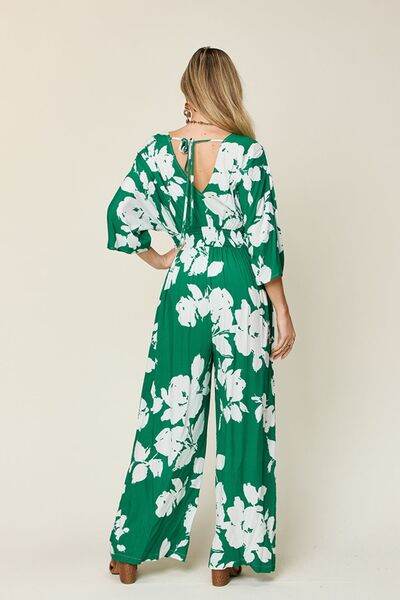 Double Take Full Size Printed Tie Back Wide Leg Jumpsuit - Hovatok