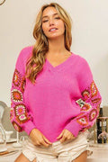 BiBi V-Neck Crochet Long Sleeve Sweater - Hovatok