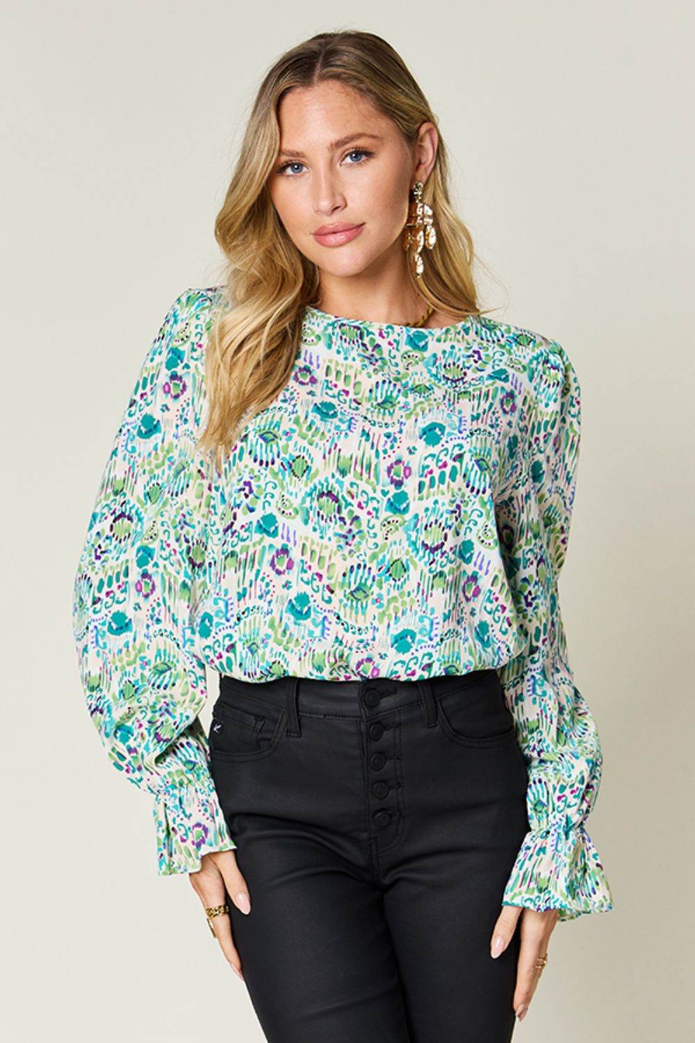 Double Take Full Size Printed Flounce Sleeve Blouse - Hovatok