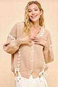 Davi & Dani Lace-Up Ribbon Bow Button Down Cardigan - Hovatok