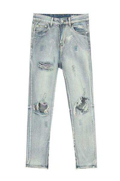 Distressed Side Zip Jeans with Pockets - Hovatok