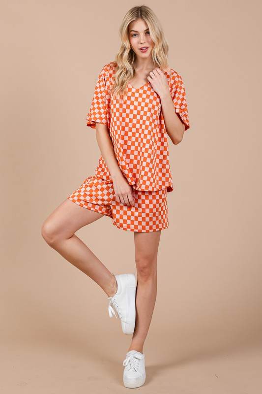 Ces Femme Checkered Round Neck Top and Shorts Set - Hovatok