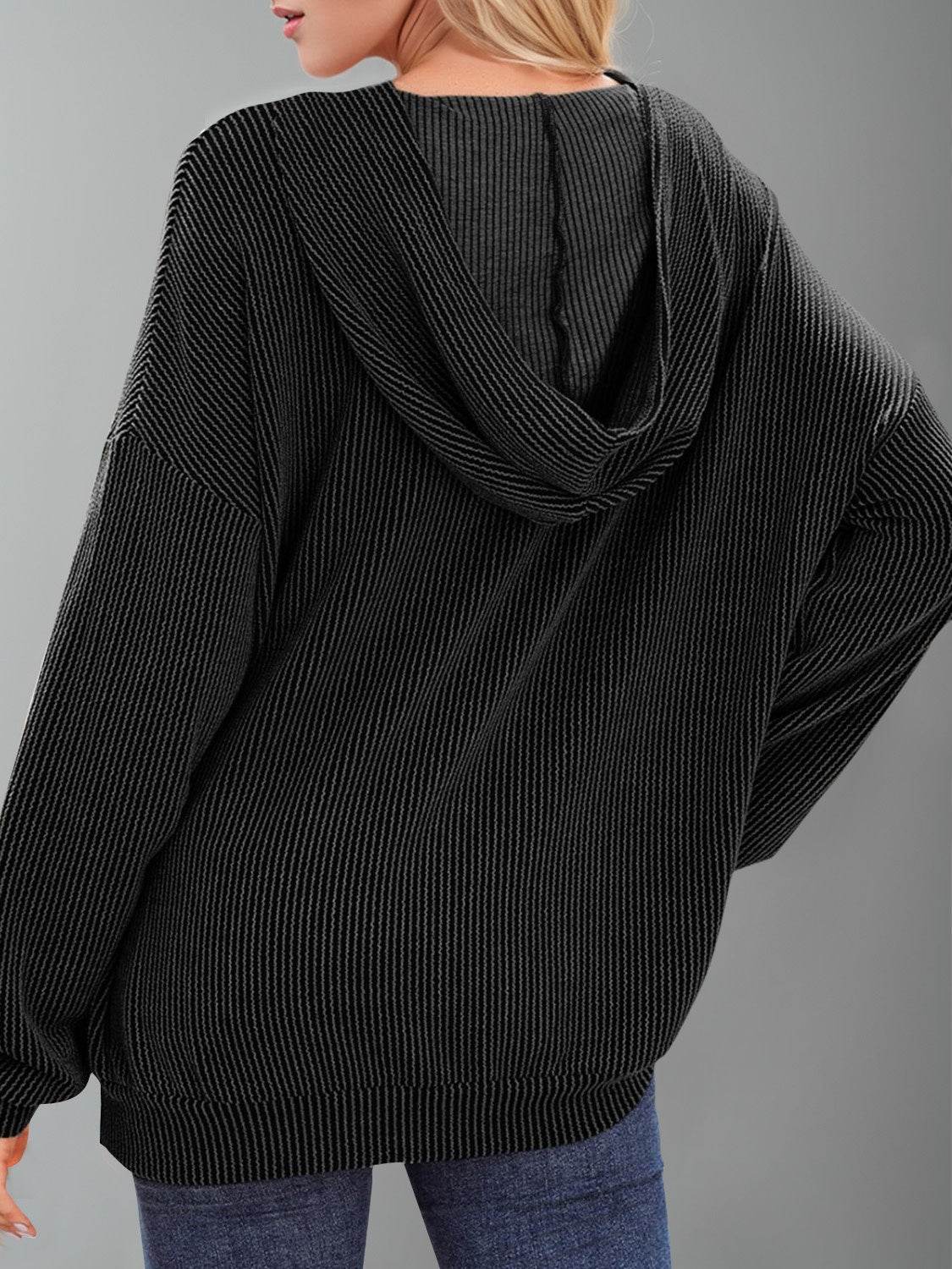 Double Take Textured Kangaroo Pocket Long Sleeve Hoodie - Hovatok